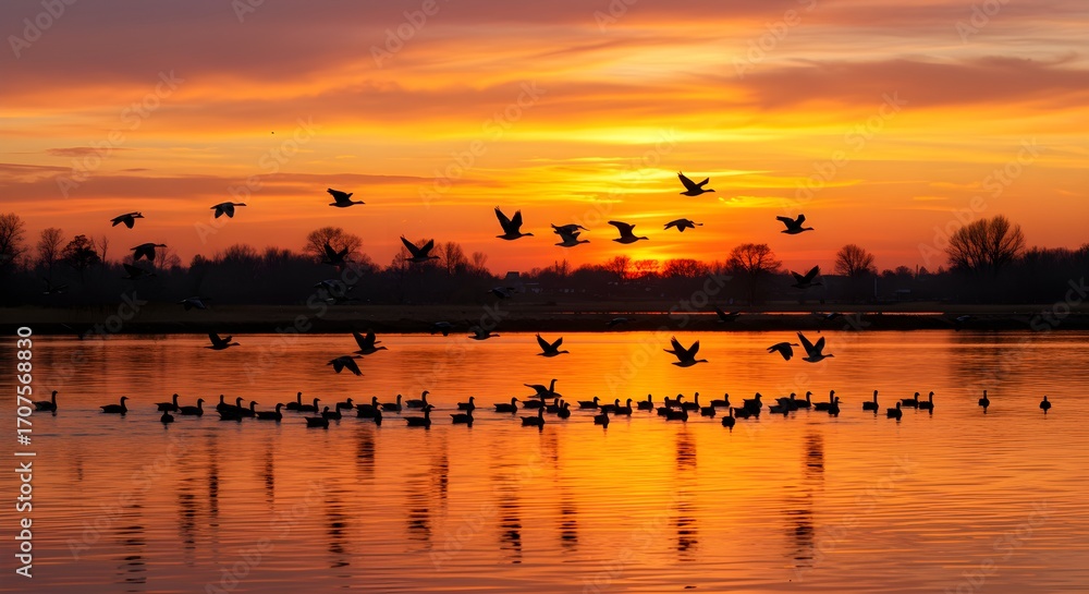 Naklejka premium Birds flying over calm water at sunset