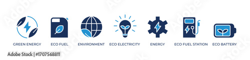 Green Energy Innovations Icons set vector illustration with blue Green energy, Eco fuel, Environment, Eco electricity, Energy, Eco fuel station, Eco battery