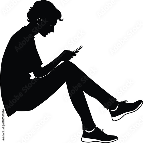 Young person sitting and texting silhouette