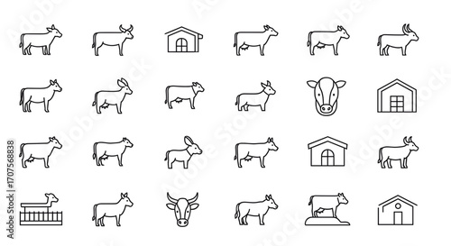 Collection of farm animal and building line icons.