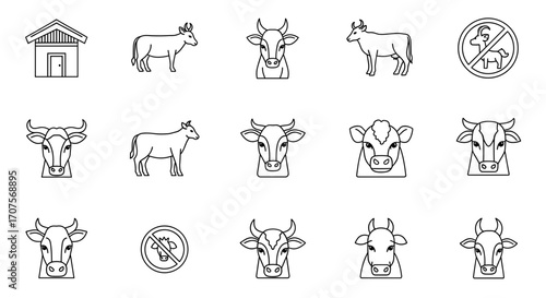 A collection of line art icons featuring various cows, cattle heads, and a barn, with some 'no animal' symbols.