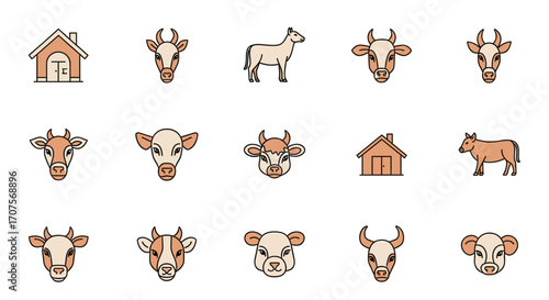 A collection of farm animal icons, including cows and horses, along with barn illustrations.