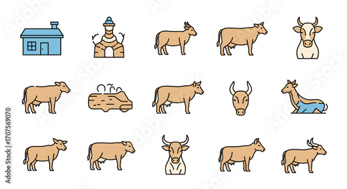 A collection of stylized icons representing various farm animals, including cows in different poses, along with a house and a barn.