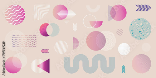 70s retro geometry. Element set: gradients, vector, for posters, banners, web design. Creative, vintage style, abstract shapes!