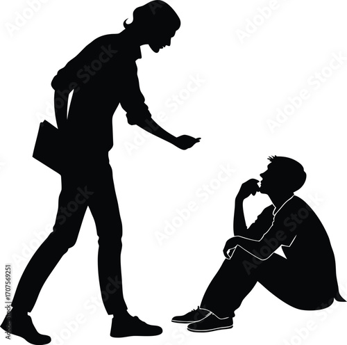 Two people in silhouette one standing one sitting silhouette