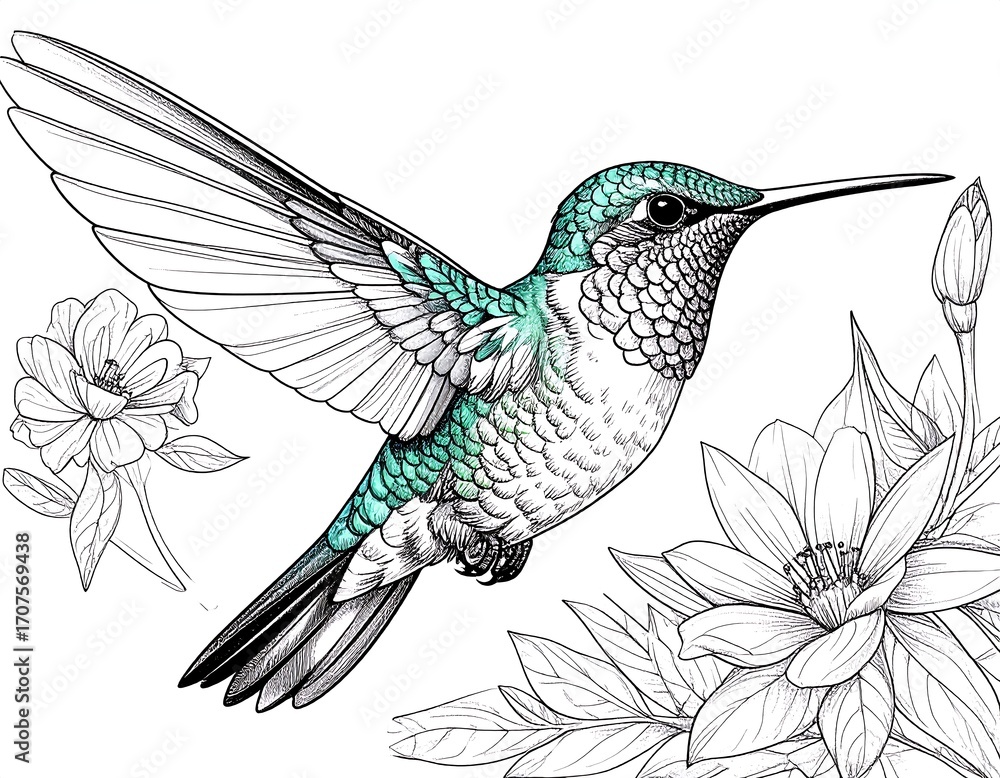 Fototapeta premium Hummingbird in flight, surrounded by flowers