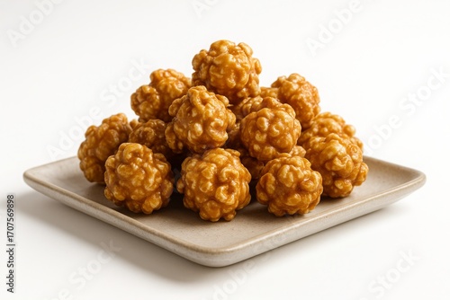 Caramel Popcorn Balls on a plate  against a white background.
