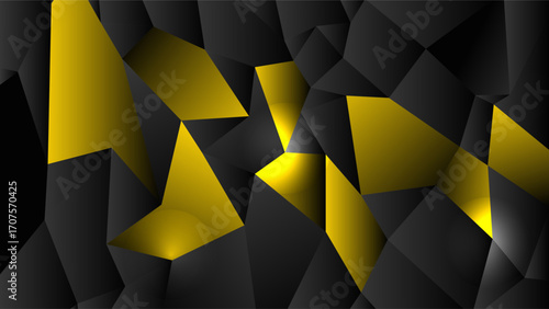 Modern abstract design with black polygons and glowing yellow highlights creating a 3D geometric texture