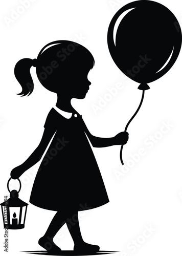 Silhouette of a girl holding a balloon and lantern, walking