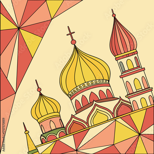 St basils cathedral in moscow, russia, in a geometric mosaic style