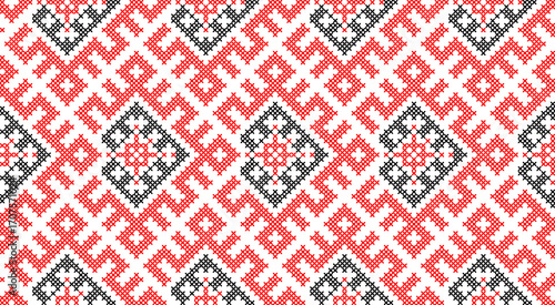 Traditional Ukrainian ornament vector, red and black cross-stitch seamless pattern, ethnic vyshyvanka embroidery, folk geometric background for print, fabric, clothing, website, banner, national