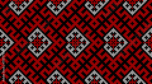 Traditional Ukrainian ornament vector, red and black cross-stitch seamless pattern, ethnic vyshyvanka embroidery, folk geometric background for print, fabric, clothing, website, banner, national