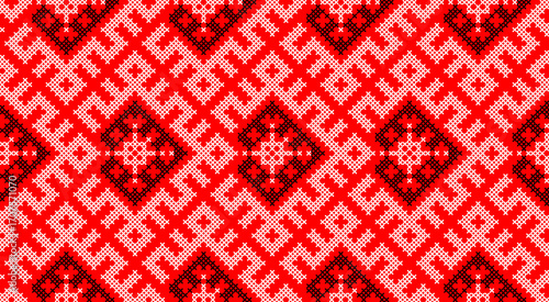 Traditional Ukrainian ornament vector, red and black cross-stitch seamless pattern, ethnic vyshyvanka embroidery, folk geometric background for print, fabric, clothing, website, banner, national
