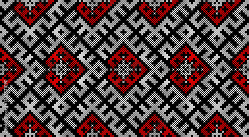 Traditional Ukrainian ornament vector, red and black cross-stitch seamless pattern, ethnic vyshyvanka embroidery, folk geometric background for print, fabric, clothing, website, banner, national