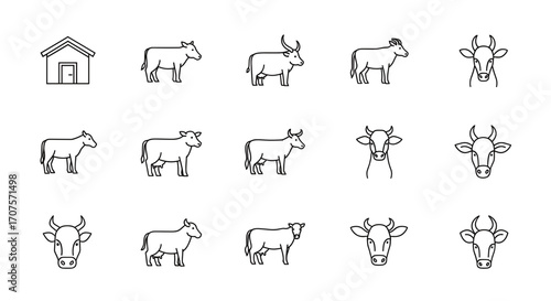 Line art illustrations of various cow breeds and a barn.