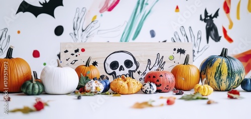 Colorful halloween pumpkins with hand-painted decor and festive background art