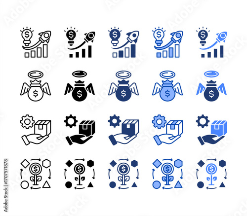 Startup business, Product development, Angel investor, Business model, multiple style icon set.