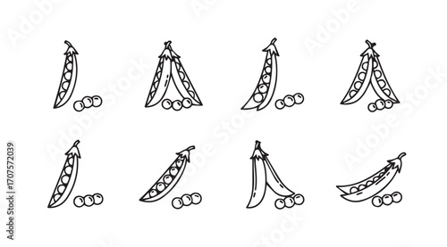 Collection of hand drawn pea pods and peas in a simple silhouette style