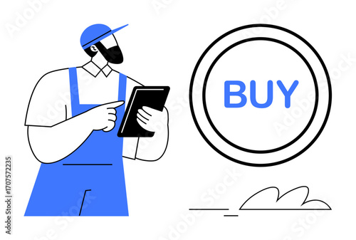Worker wearing uniform and cap using a tablet, pointing towards BUY button. Ideal for digital shopping, online retail, e-commerce, customer behavior, technology adoption, business growth
