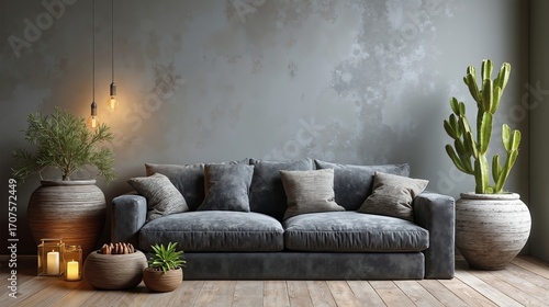 A living room with a couch, potted plants and candles