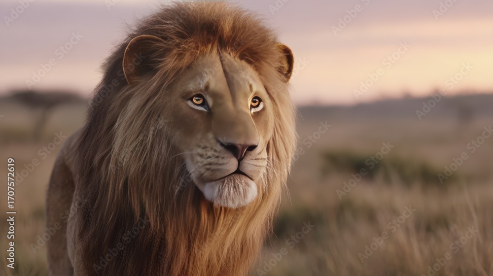 Obraz premium Majestic lion in natural habitat at sunset, capturing wildlife beauty and serenity
