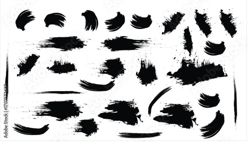 Collection of various black paint brush strokes and splatters on a white background