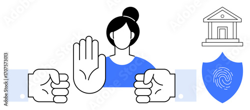 Female figure raising hand to indicate refusal or security, justice scales, shield with fingerprint, clenched fists. Ideal for privacy, security, justice, authority, caution equality simple flat