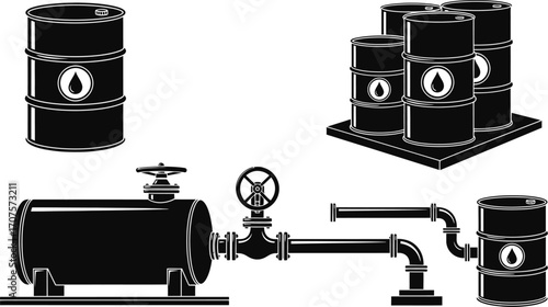 Industrial oil barrels and pipeline system, symbolizing energy production and distribution