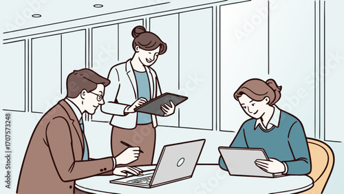 Illustration of business team collaboration meeting with laptop and tablet devices usage