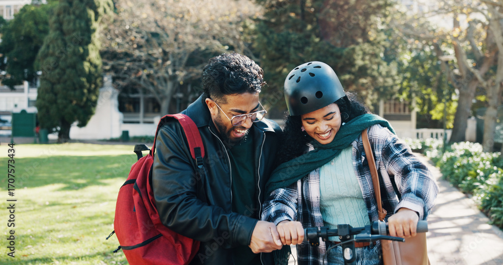 Fototapeta premium Smile, couple and students on scooter with help, partner support and travel to university. Happy, people and guidance on electric transport for eco friendly commute, sustainable journey and bonding