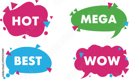 Vibrant speech bubbles announcing hot, mega, best, and wow deals for promotions.