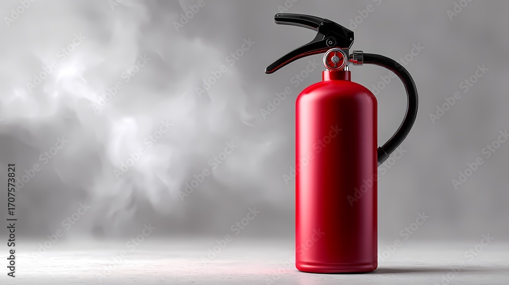 Fototapeta premium Bright Red Fire Extinguisher with Smoke Background in Indoor Setting