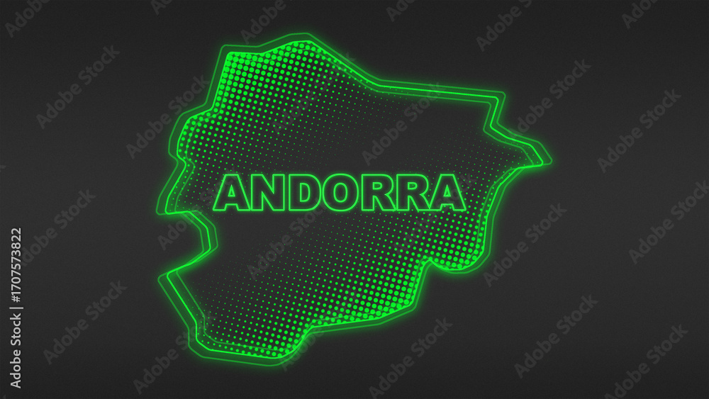 Fototapeta premium Neon Green Andorra Map Outline Futuristic Digital Glow Halftone Illustration