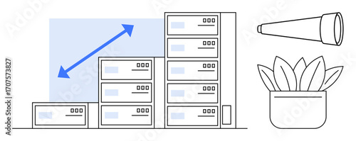 Data servers aligned in ascending order, blue growth arrow, telescope for vision or strategy, succulent plant for sustainability. Ideal for growth, strategy, technology, analytics, innovation