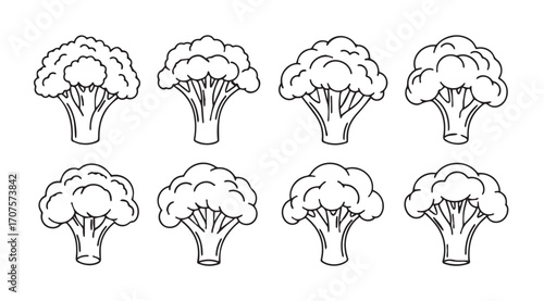 Collection of eight detailed broccoli florets in a stylized silhouette