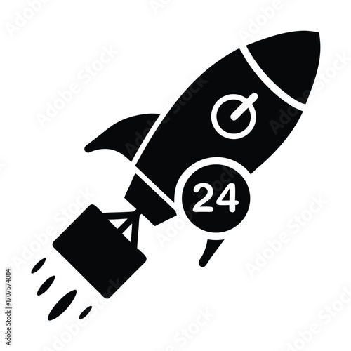 A black and white rocket launches carrying a package around the clock for service
