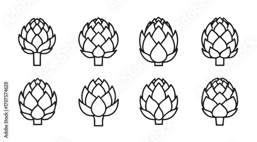 Collection of eight stylized artichoke illustrations in a simple silhouette style