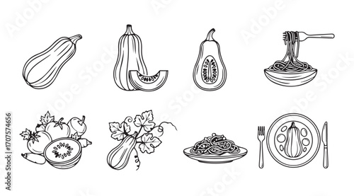 Hand drawn silhouette illustrations of autumn harvest vegetables and pasta dishes