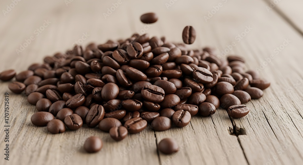 Fototapeta premium Roasted Coffee Beans Pile on Rustic Wooden Table with Falling Bean