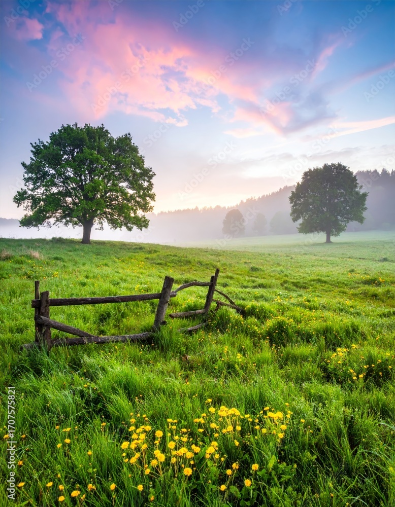 Obraz premium spring landscape with some fog in golden morning light