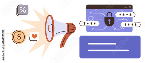 Megaphone broadcasting messages with finance, love, and discount icons toward a secure password-protected website interface. Ideal for marketing, security, finance, communication, e-commerce