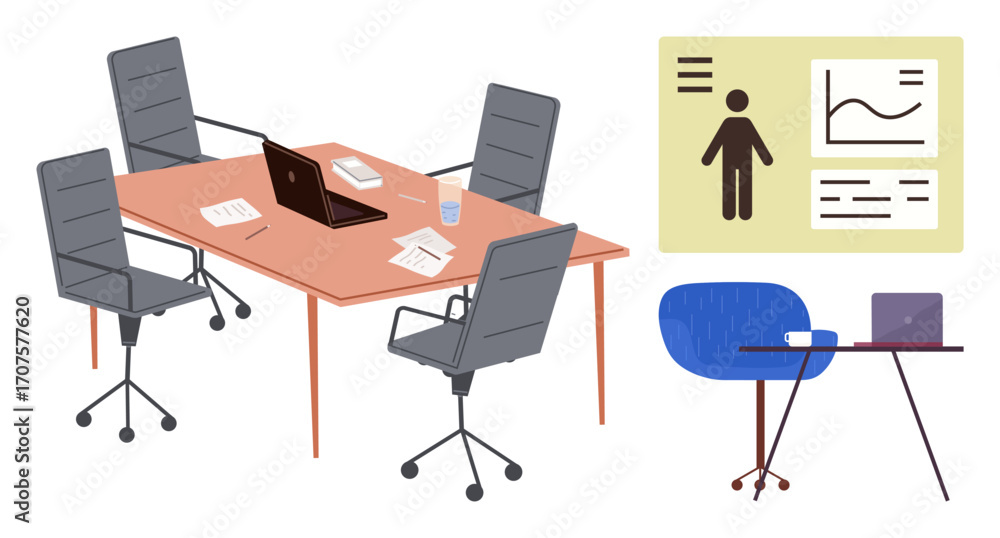 Fototapeta premium Office meeting setup with chairs, table, laptop, papers, and presentation board displaying data charts. Ideal for teamwork, strategy, analysis, collaboration productivity planning and simple flat