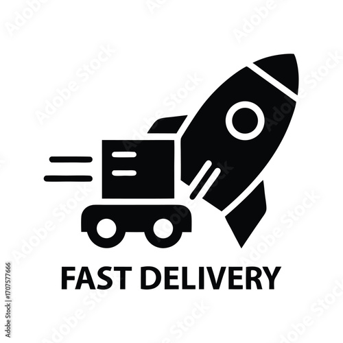 A black delivery truck is attached to a rocket under the text Fast Delivery