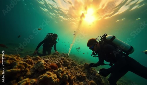 Exploring coral reef with divers underwater in vibrant sunlight