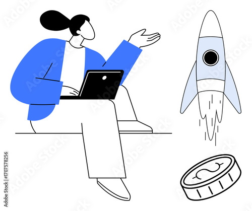 Woman holding laptop, gesturing towards flying rocket and coin. Ideal for entrepreneurship, innovation, finance, technology, investment, startups and creativity. Minimal simple flat metaphor