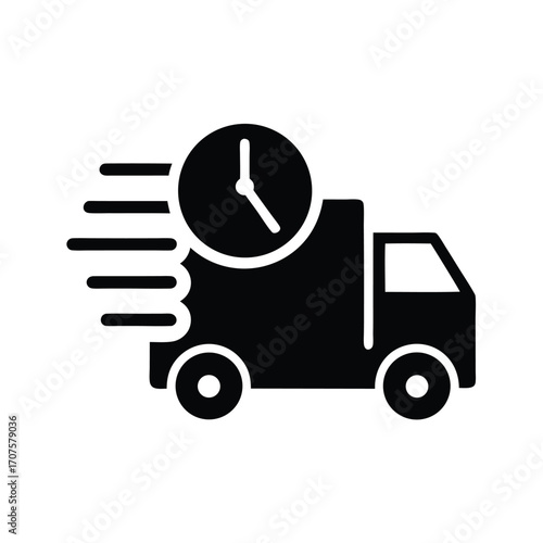 A black delivery truck showing speed lines and a clock implies promptness