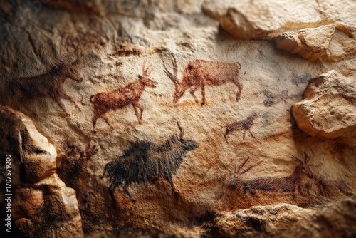 Ancient cave art depicting various animals in a natural rock formation