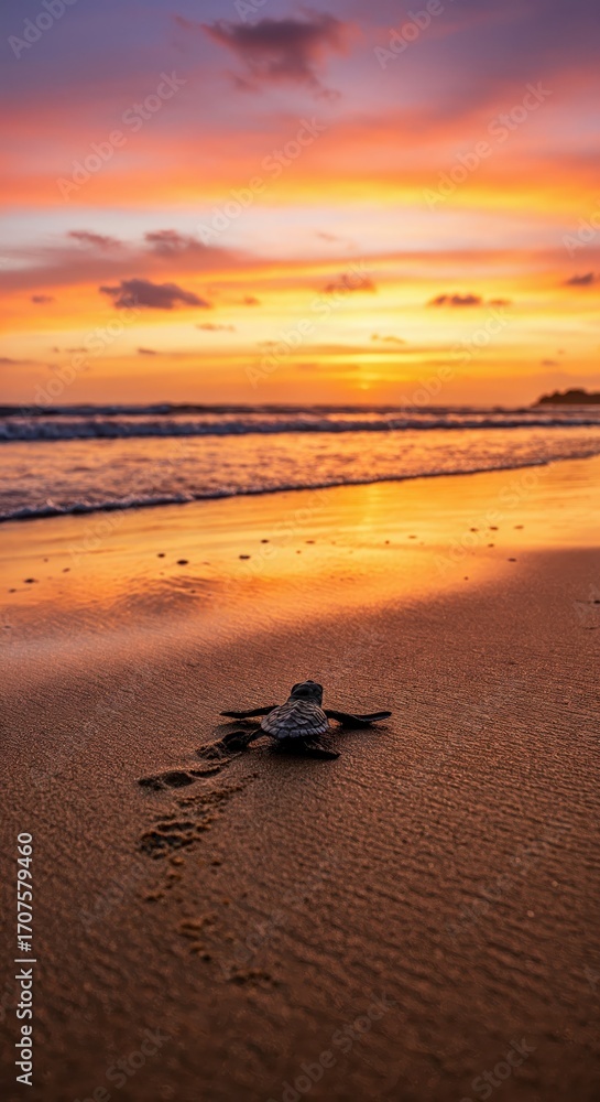 Obraz premium Sunset Sea Turtle: A baby sea turtle embarks on its first journey towards the ocean, under a sky painted with the fiery hues of sunset, symbolizing new beginnings.