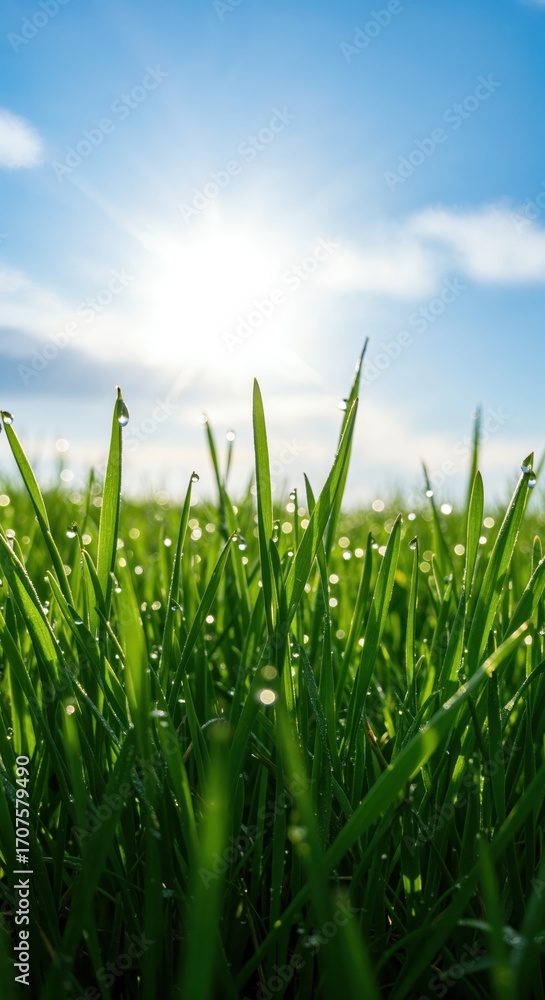 Obraz premium Sun-Kissed Blades of Grass: Capturing a sunlit field of vibrant green blades of grass, adorned with glistening droplets, with a crystal-clear blue sky background. 