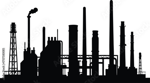 industrial complex, showing refinery towers and pipelines silhouette vector.